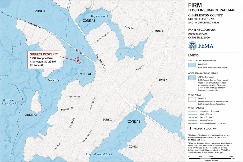 FEMA FIRM Flood Insurance Rate Map showing Zone AE highlighted around Charleston SC property — sell house flood zone AE