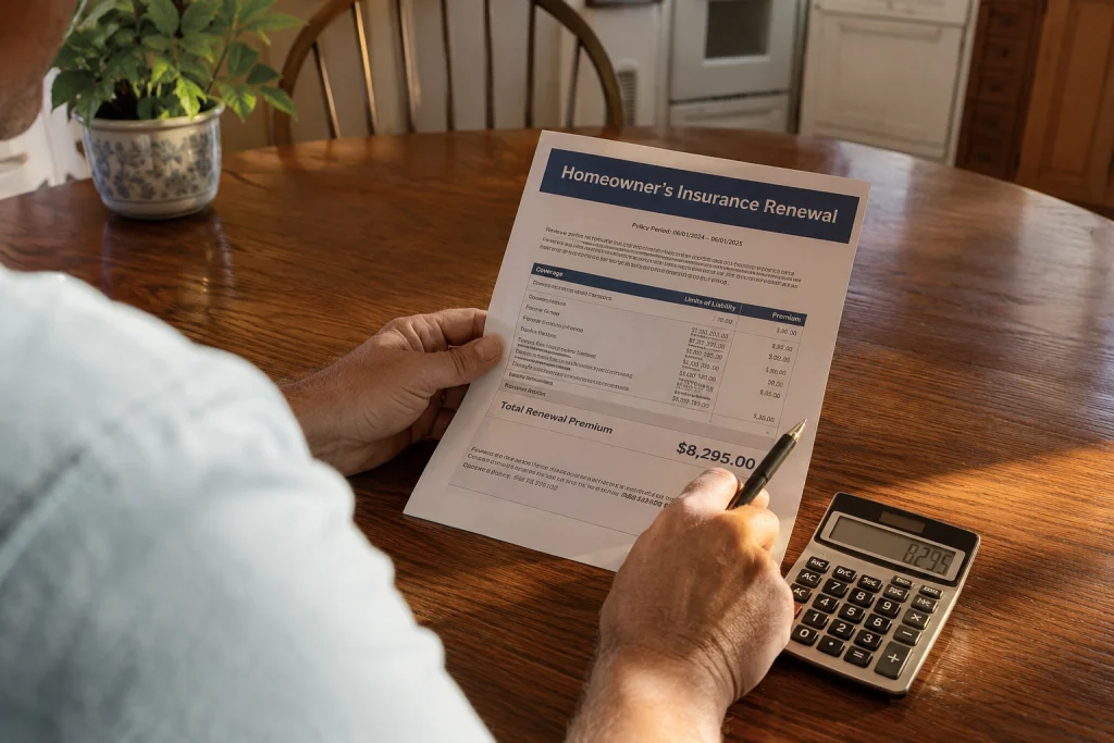 Charleston SC homeowner reviewing flood insurance renewal notice — sell house high flood insurance cash offer